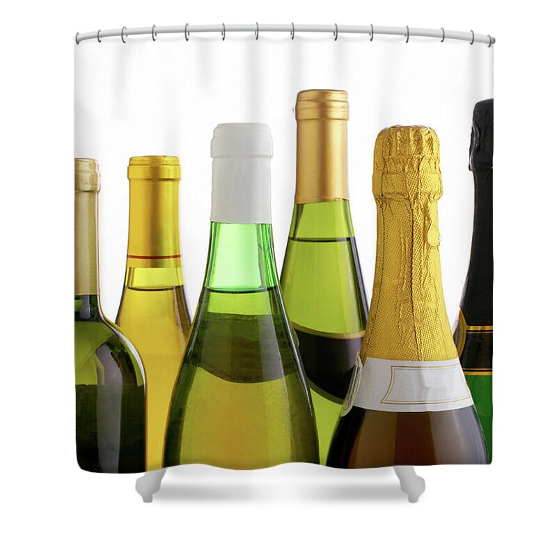 White Background Shower Curtain featuring the photograph Bottles Of White Wine And Champagne by Mistikas