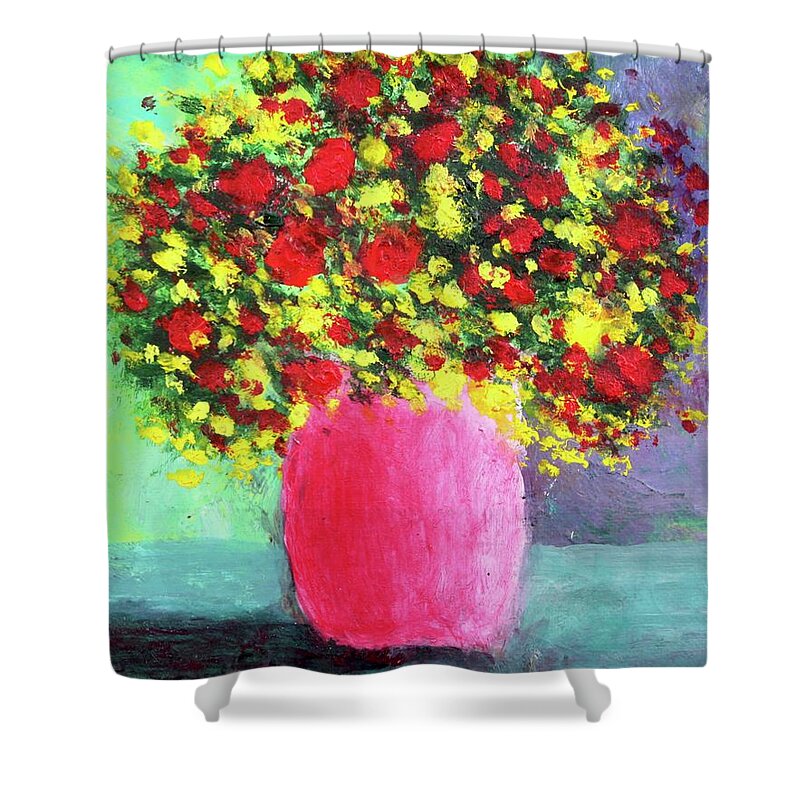 Flowers Bouquet Vase Still Life Shower Curtain featuring the painting Bouquet in a Pink Vase by Thomas Santosusso