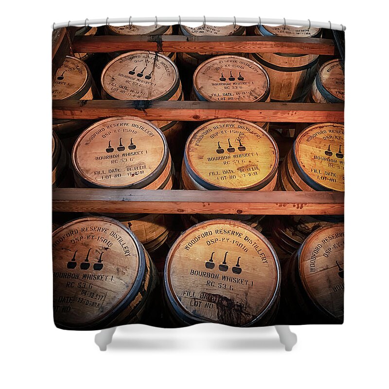 Bourbon Shower Curtain featuring the photograph Bourbon Barrels in the Rick by Susan Rissi Tregoning