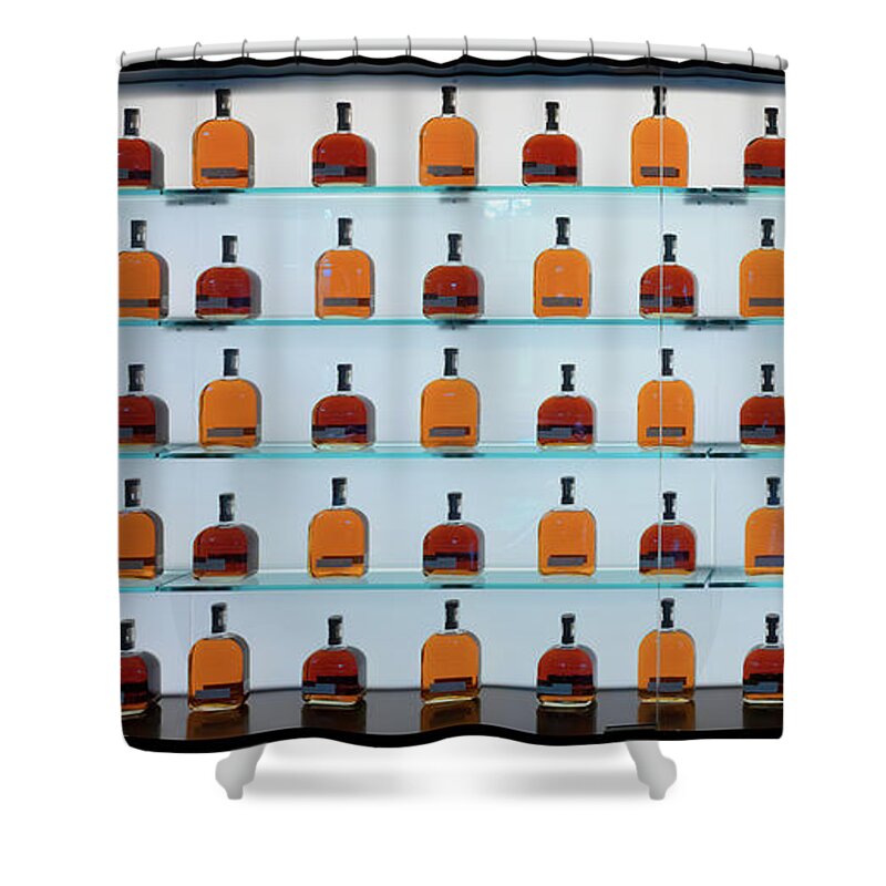 Woodford Reserve Shower Curtain featuring the photograph Bourbon Bottles by Susan Rissi Tregoning