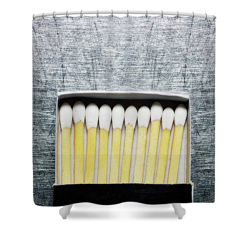 In A Row Shower Curtain featuring the photograph Box Of Wooden Matches On Stainless by Ballyscanlon