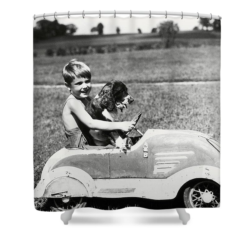 Aerodynamic Shower Curtain featuring the photograph Boy Driving Toy Car, With Springer by H. Armstrong Roberts