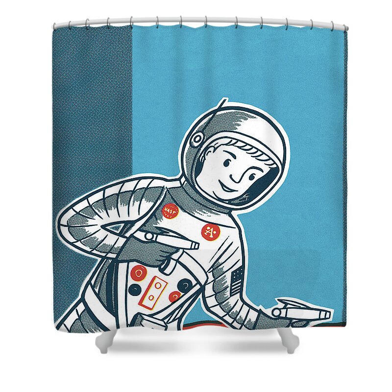 Aim Shower Curtain featuring the drawing Boy Playing Astronaut with Gun by CSA Images