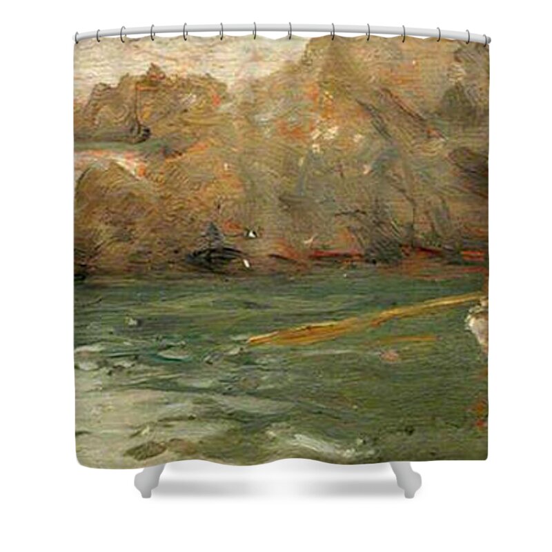 Henry Scott Tuke Shower Curtain featuring the painting Boy Rowing Out From a Rocky Shore by Henry Scott Tuke