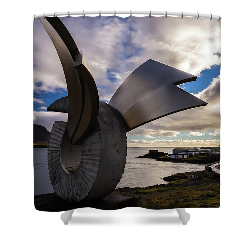 Monument Shower Curtain featuring the photograph Brakin monument at dusk, Borgarnes, Iceland by Lyl Dil Creations