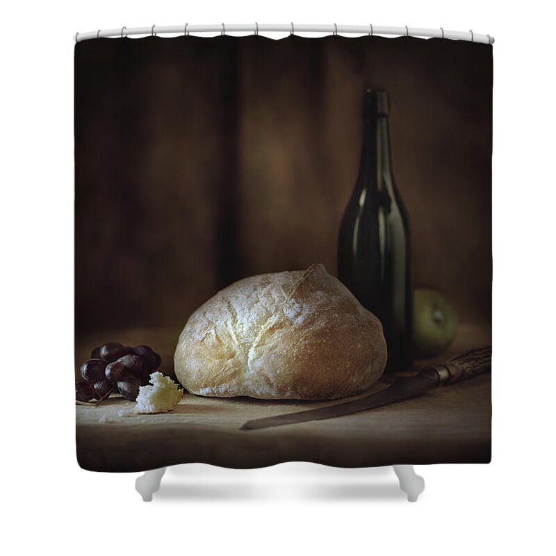 Rochester Shower Curtain featuring the photograph Bread, Fruit, Wine And Cheese On Table by Chris Clor