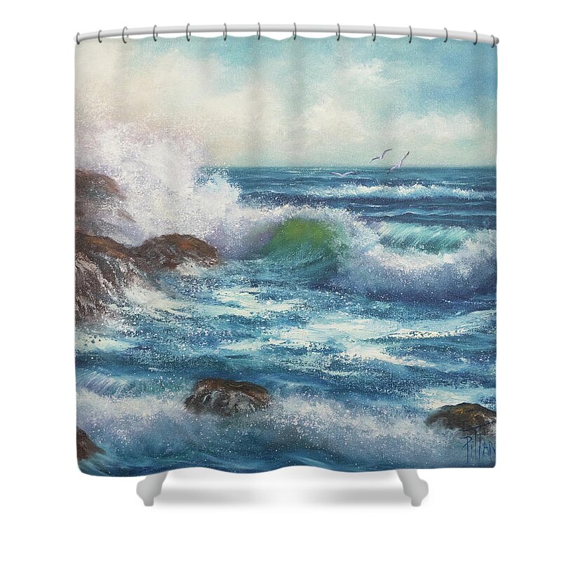 Waves Shower Curtain featuring the painting Breaking Waves by Lynne Pittard