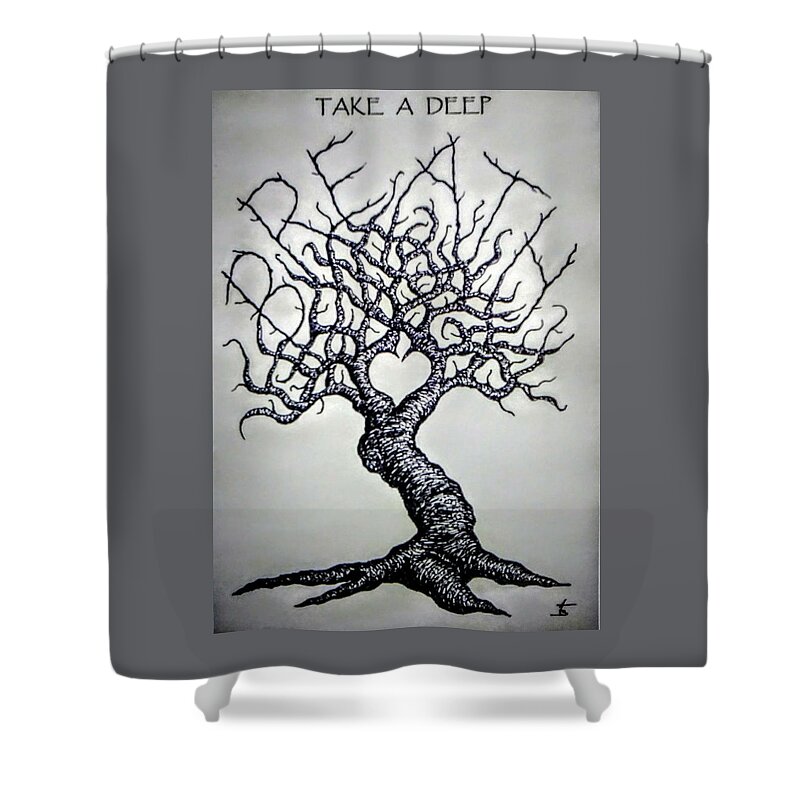 Yoga Shower Curtain featuring the drawing Breathe Love Tree - blk/wht by Aaron Bombalicki