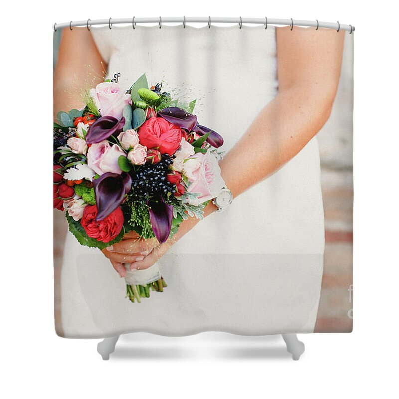 Arrangement Shower Curtain featuring the photograph Bridal bouquet held by her with her hands at her wedding by Joaquin Corbalan