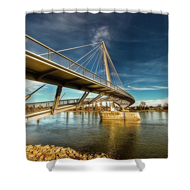 Tranquility Shower Curtain featuring the photograph Bridge Over River With Blue Sky by Photo By Laurent Brancaleoni - Www. E-sphera.net