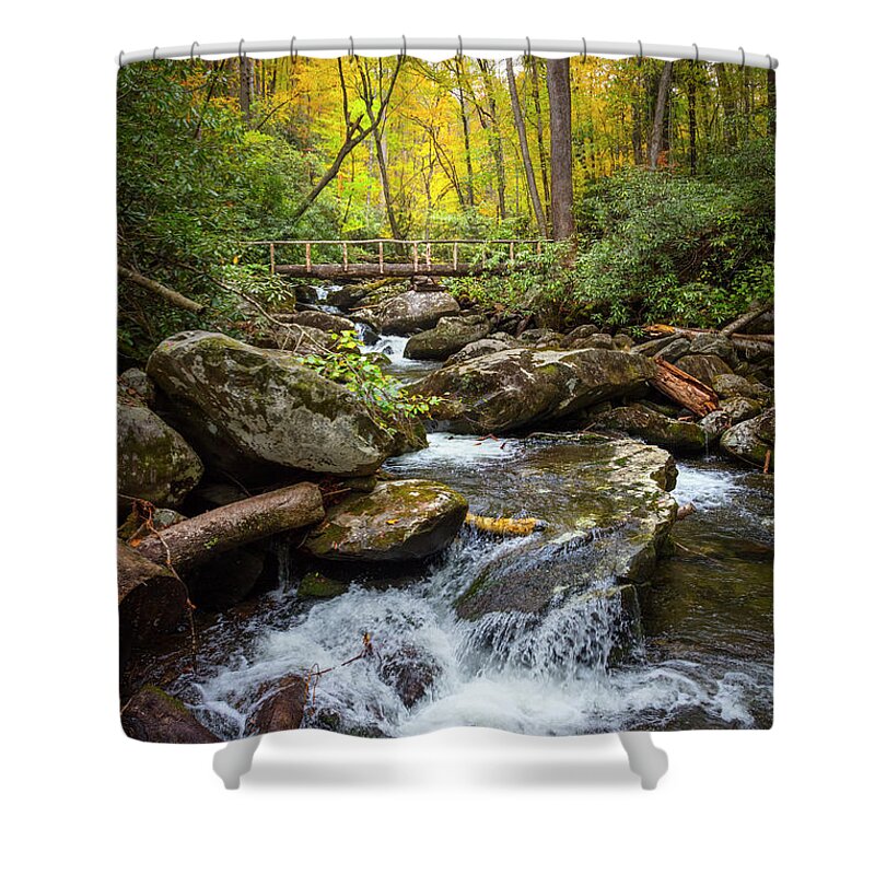 Appalachia Shower Curtain featuring the photograph Bridge over the Stream in Autumn by Debra and Dave Vanderlaan