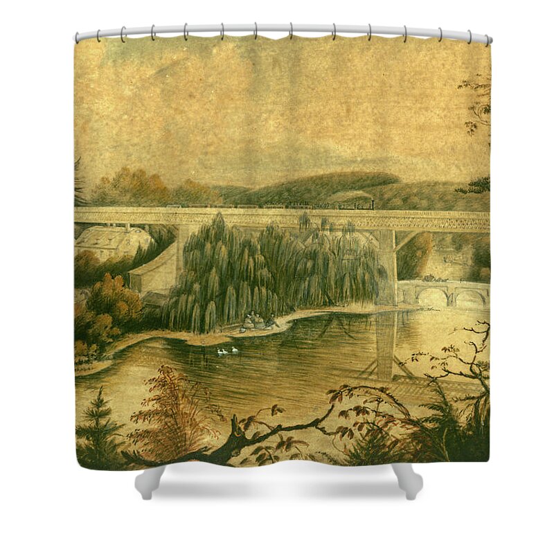 Bridge Shower Curtain featuring the drawing Bridge over the Wissahickon Creek, about 1835 by William Breton