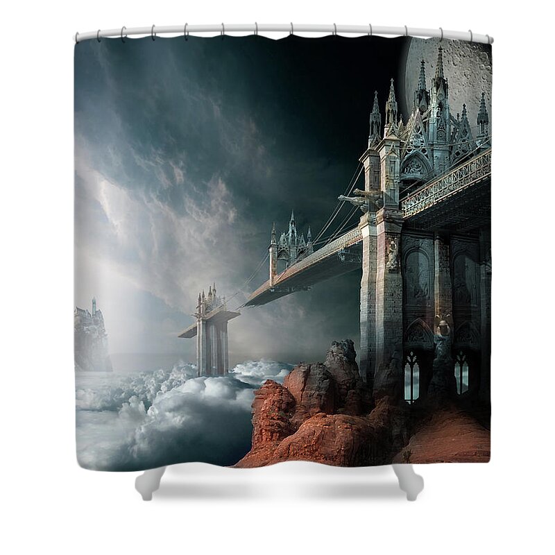 Sky Clouds Rainbow Bridge Haven Gothic Architecture Broken Island Moon Shower Curtain featuring the digital art Bridges to the Neverland by George Grie