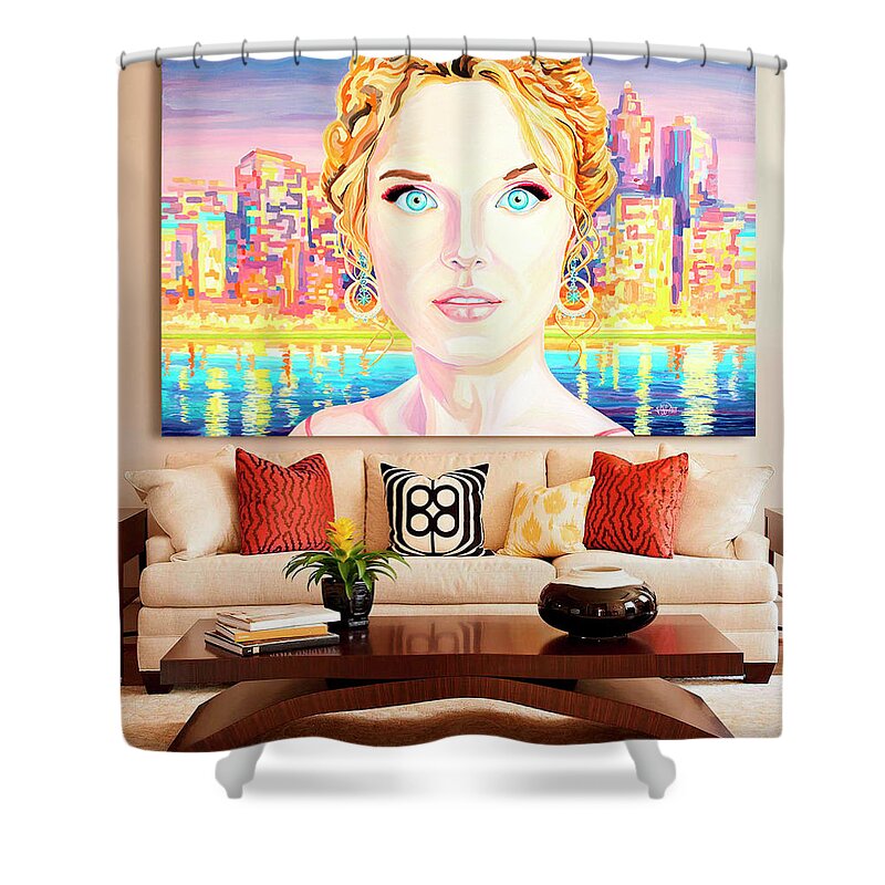 Jewelry Gold Shower Curtain featuring the painting Bright and beautiful lady on the wall in the interior by Pop Art