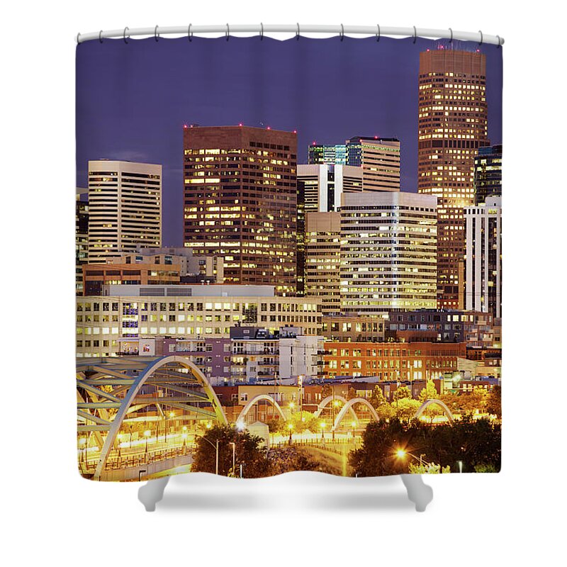 Corporate Business Shower Curtain featuring the photograph Bright Lights In Denvers Skyline At by Beklaus
