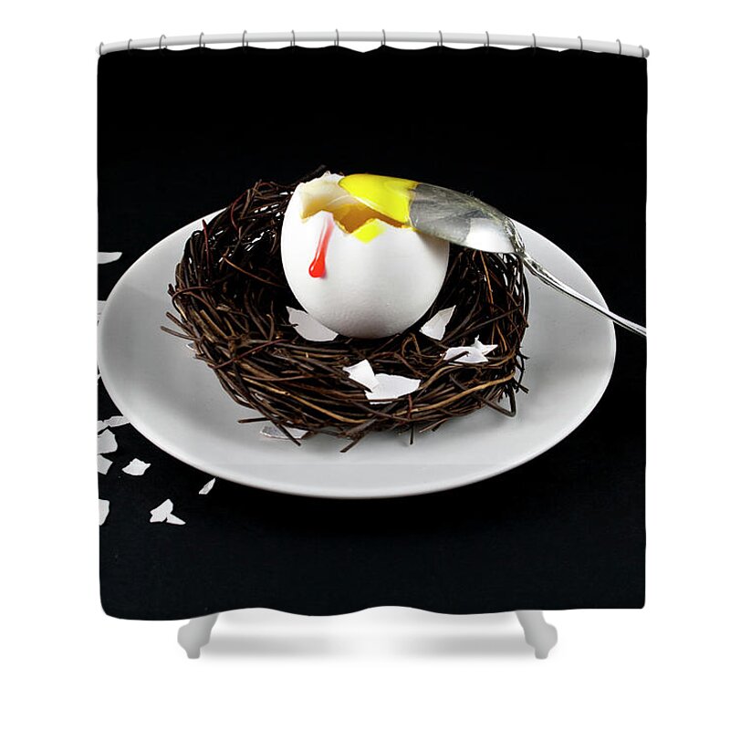 Spoon Shower Curtain featuring the photograph Broken Egg by Monicaphotography
