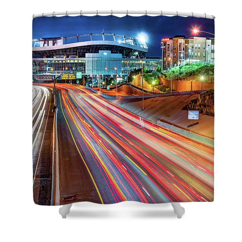 Denver Football Shower Curtain featuring the photograph Denver Colorado Cityscape and Football Stadium of the Mile High City by Gregory Ballos