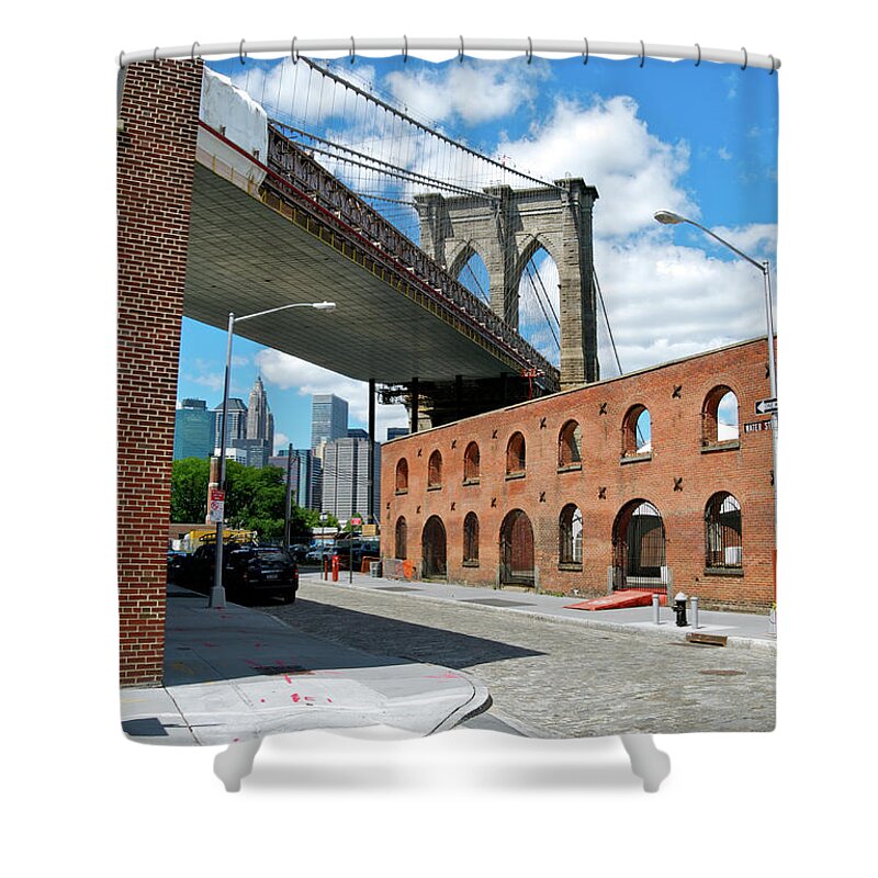 Lower Manhattan Shower Curtain featuring the photograph Brooklyn Bridge As Seen From Water by Jaylazarin