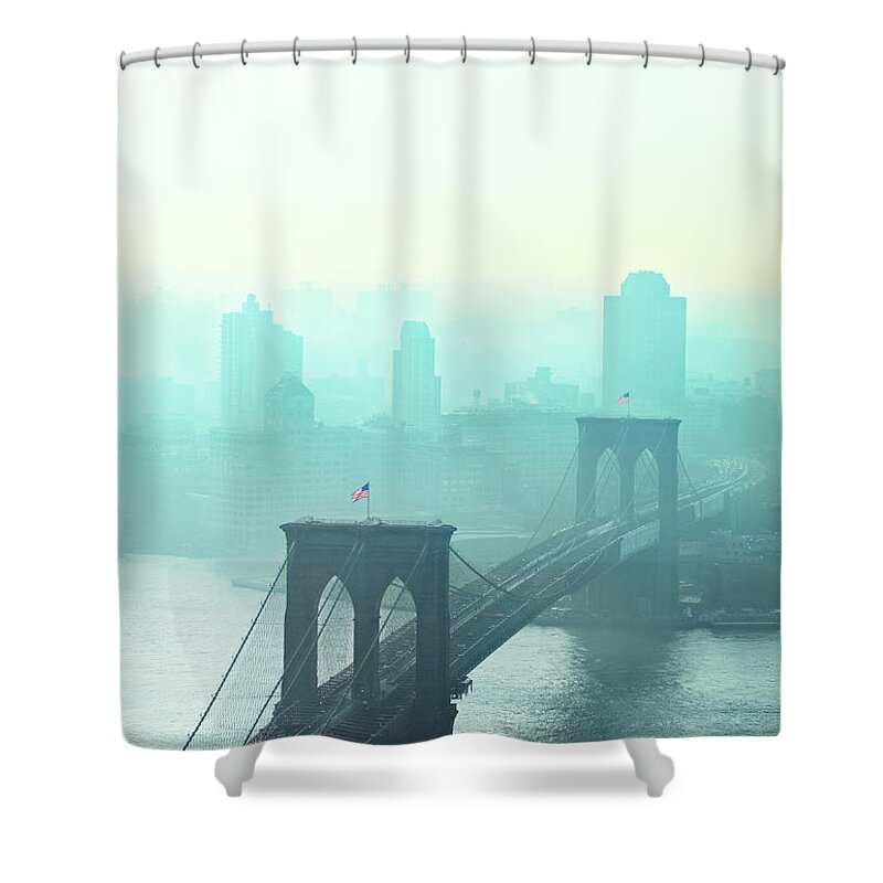 Dawn Shower Curtain featuring the photograph Brooklyn Bridge At Dawn by Johner Images