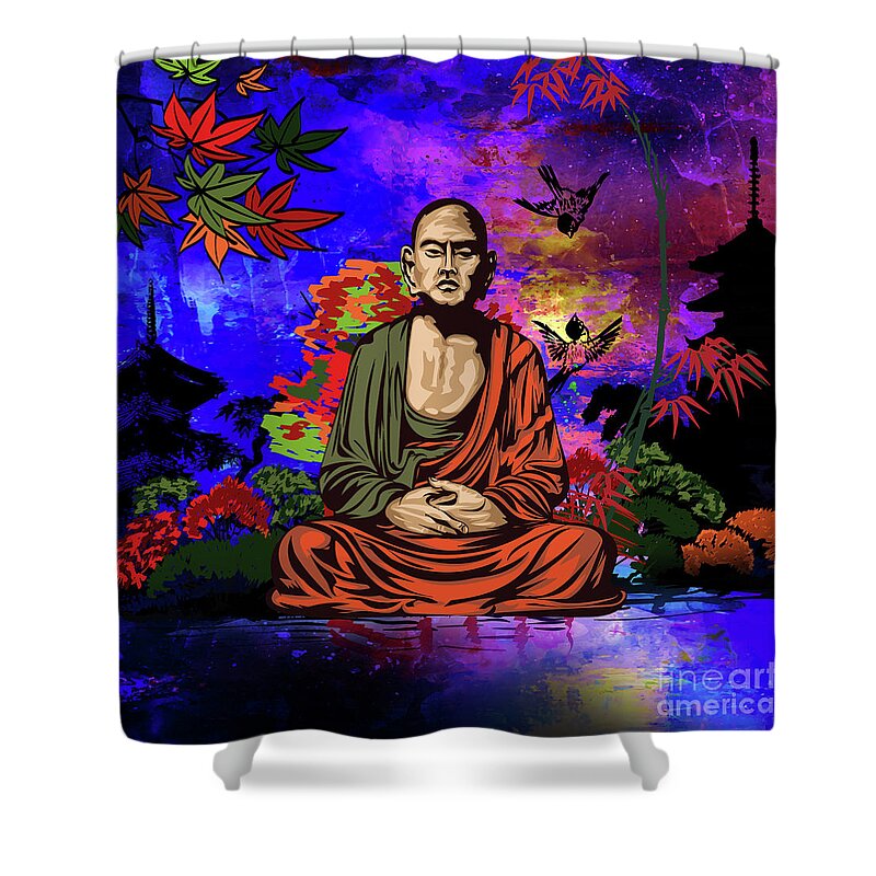 Buddhist Shower Curtain featuring the digital art Buddhist monk. by Andrzej Szczerski