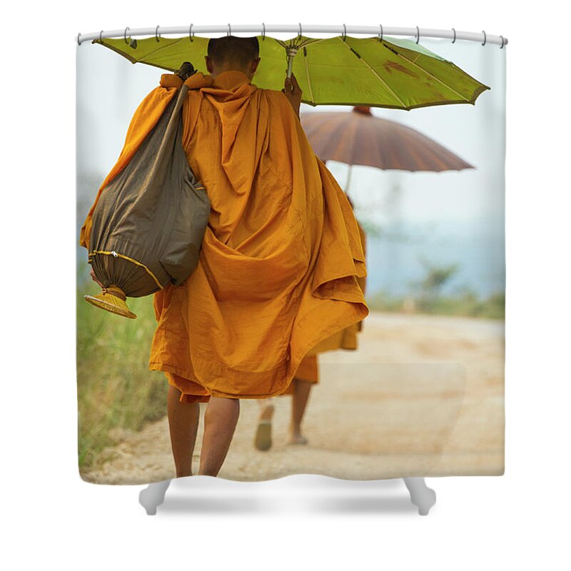 Grass Shower Curtain featuring the photograph Buddhist Monks From Chiang Sean by Jean-claude Soboul