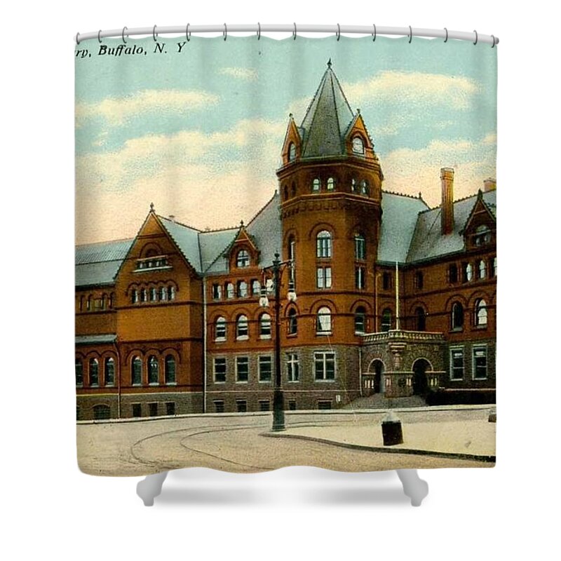Library Shower Curtain featuring the painting BUFFALO NY, Public Library, 1910 Color Vintage Postcard by Celestial Images