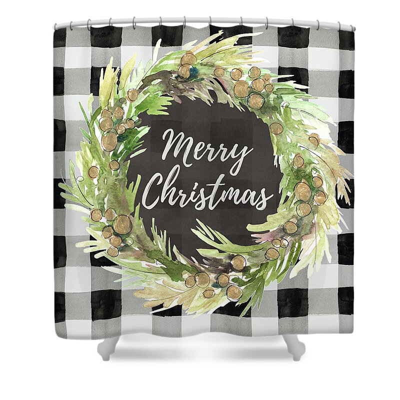 #faaAdWordsBest Shower Curtain featuring the mixed media Buffalo Plaid Christmas Wreath by Lanie Loreth
