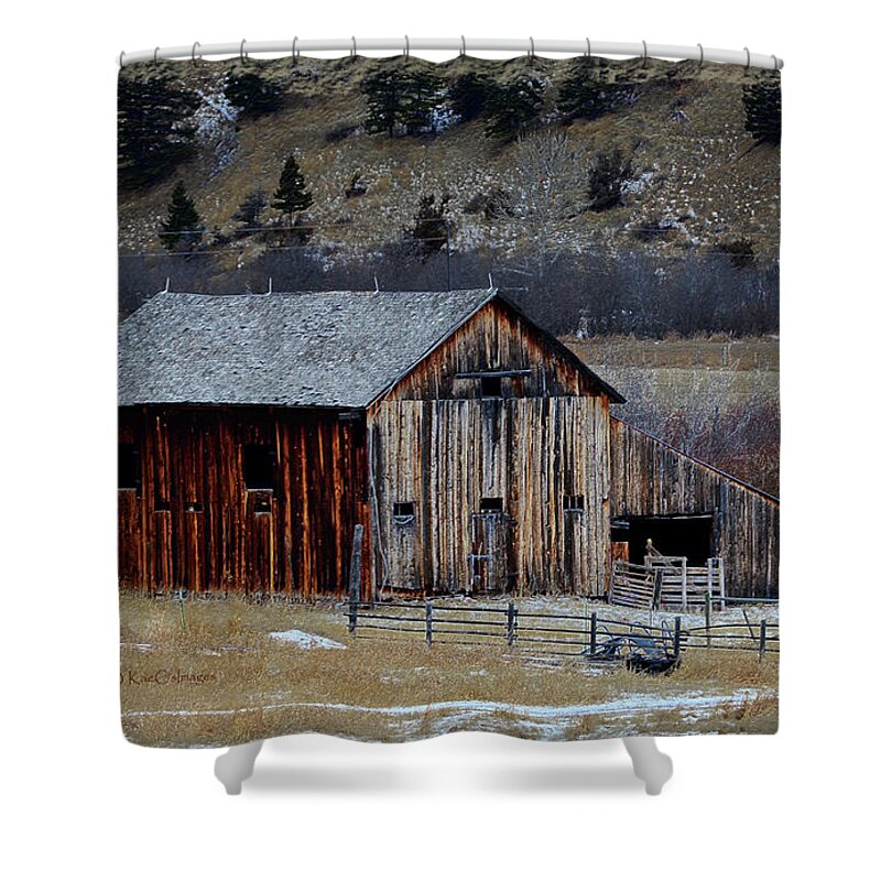 Montana Ranch Building Shower Curtain featuring the mixed media Building On Hold by Kae Cheatham