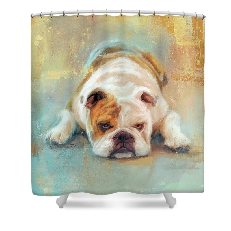 Colorful Shower Curtain featuring the painting Bulldog With The Blues by Jai Johnson