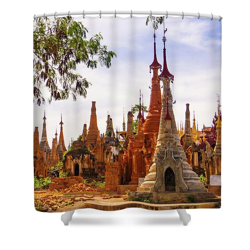 Stupa Shower Curtain featuring the photograph Burmese stupas in Indein,lake Inle, Myanmar by Ann Moore