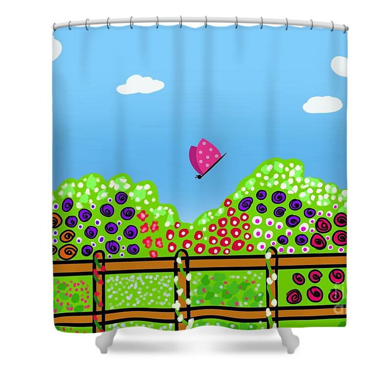 Peaceful Shower Curtain featuring the digital art Peaceful Garden Flowers and Butterflies by Barefoot Bodeez Art
