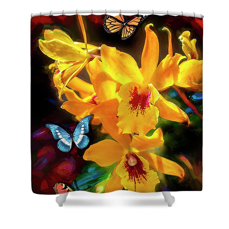Beautiful Orchid Flowers Shower Curtain featuring the photograph Butterflies and Orchids by Carlos Diaz