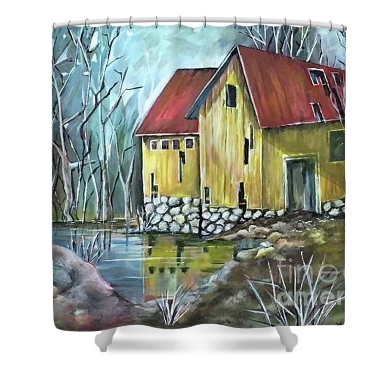 Original Painting Shower Curtain featuring the painting Cabin in the woods by Maria Karlosak
