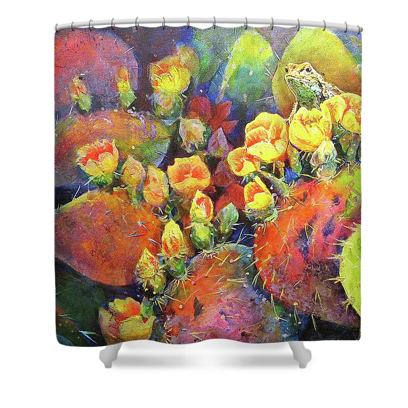 Colorful Shower Curtain featuring the painting Cactus and the Rock Lizard by Cynthia Westbrook