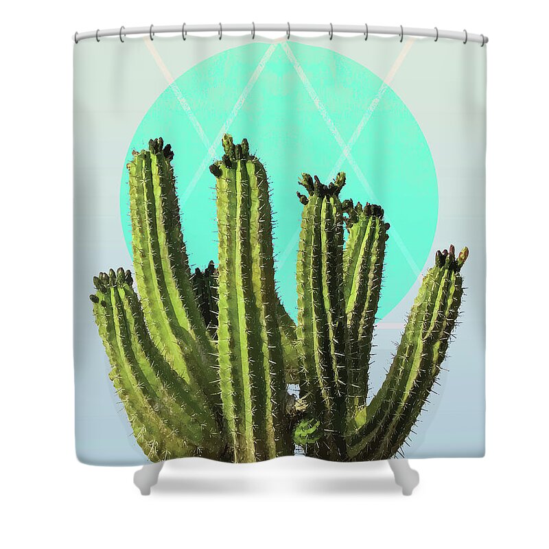 Cactus Shower Curtain featuring the mixed media Cactus - Minimal Cactus Poster - Desert Wall Art - Tropical, Botanical - Blue, Green - Modern by Studio Grafiikka