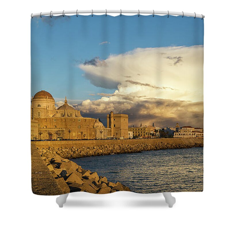 Outdoor Shower Curtain featuring the photograph Cadiz Skyline and Cathedral Under Cumulonimbus by Pablo Avanzini