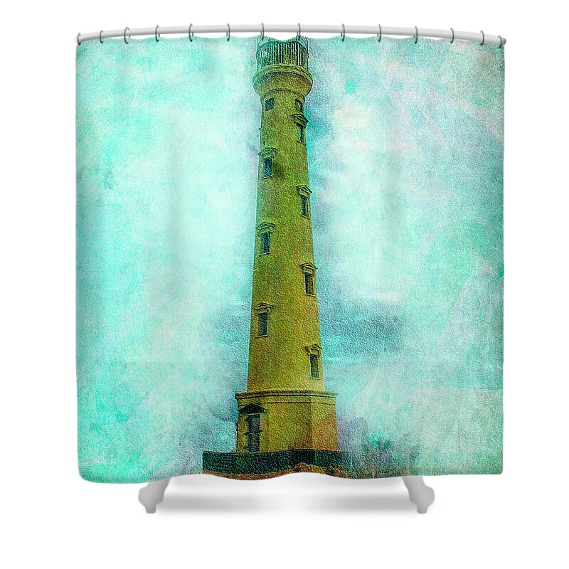 California Lighthouse Shower Curtain featuring the digital art California Lighthouse Aruba by Pheasant Run Gallery