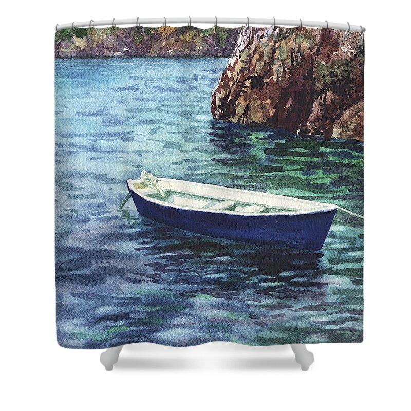 Boat Shower Curtain featuring the painting Calm Safe Harbor With A Boat by Irina Sztukowski