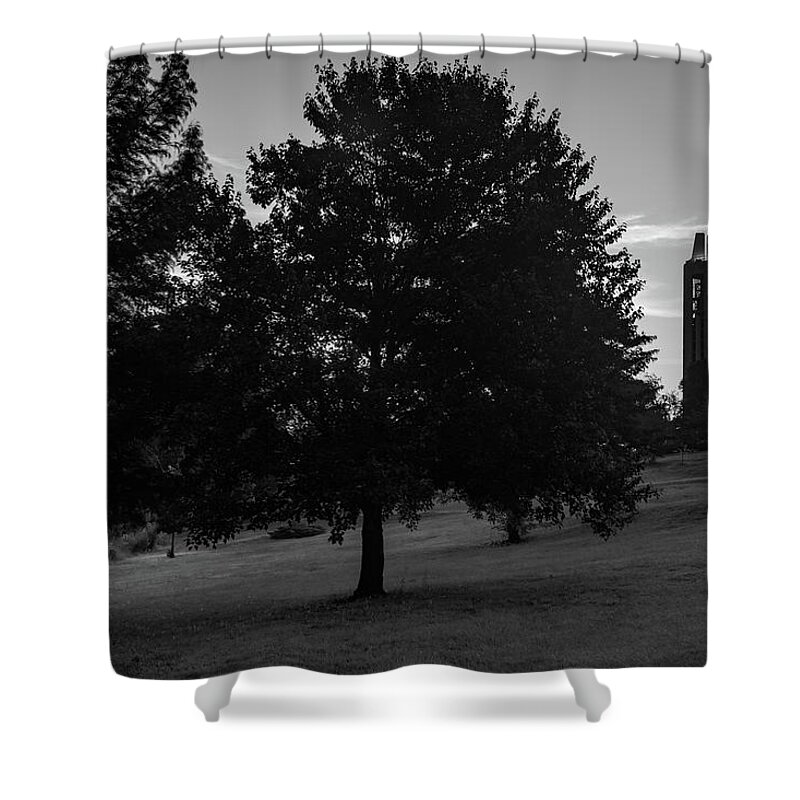 America Shower Curtain featuring the photograph Campanile Silhouette from Kaw Valley Monochrome - Kansas University by Gregory Ballos