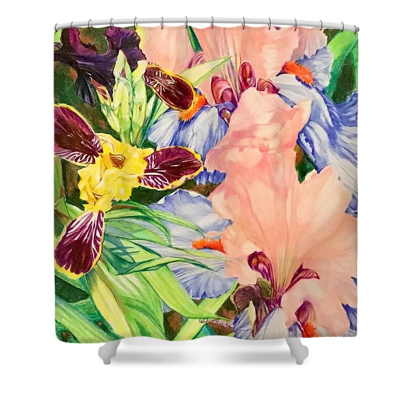 Floral Abstract Shower Curtain featuring the painting Can-can and bumblebee iris by Laurel Adams