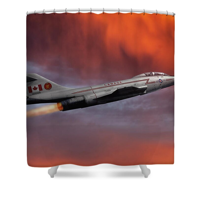 Canadian Armed Forces Shower Curtain featuring the mixed media Canadian Supersonic Sunset by Erik Simonsen