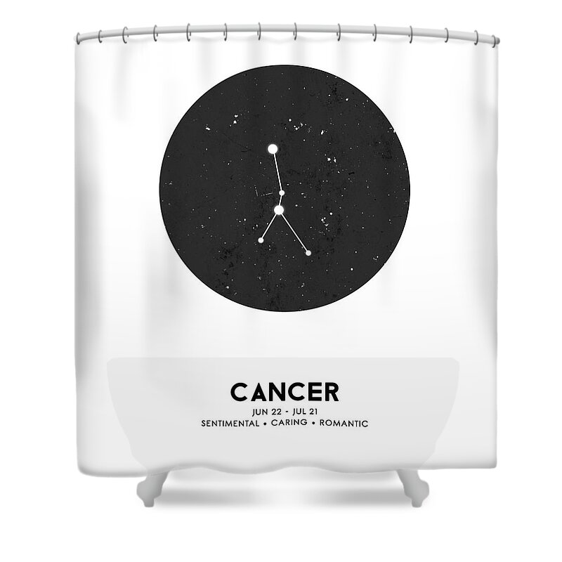 Cancer Shower Curtain featuring the mixed media Cancer Poster - Zodiac Sign Print - Zodiac Poster - Cancer Print - Night Sky - Stars - Cancer Traits by Studio Grafiikka