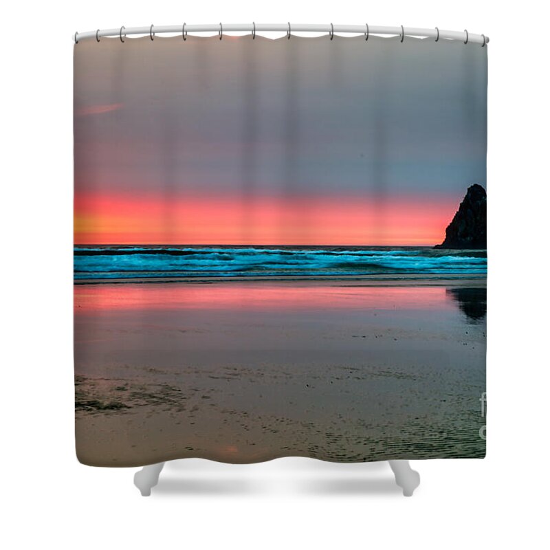 Sunset Shower Curtain featuring the photograph Cannon Beach Sunset with a smokey hazy sky by Bruce Block