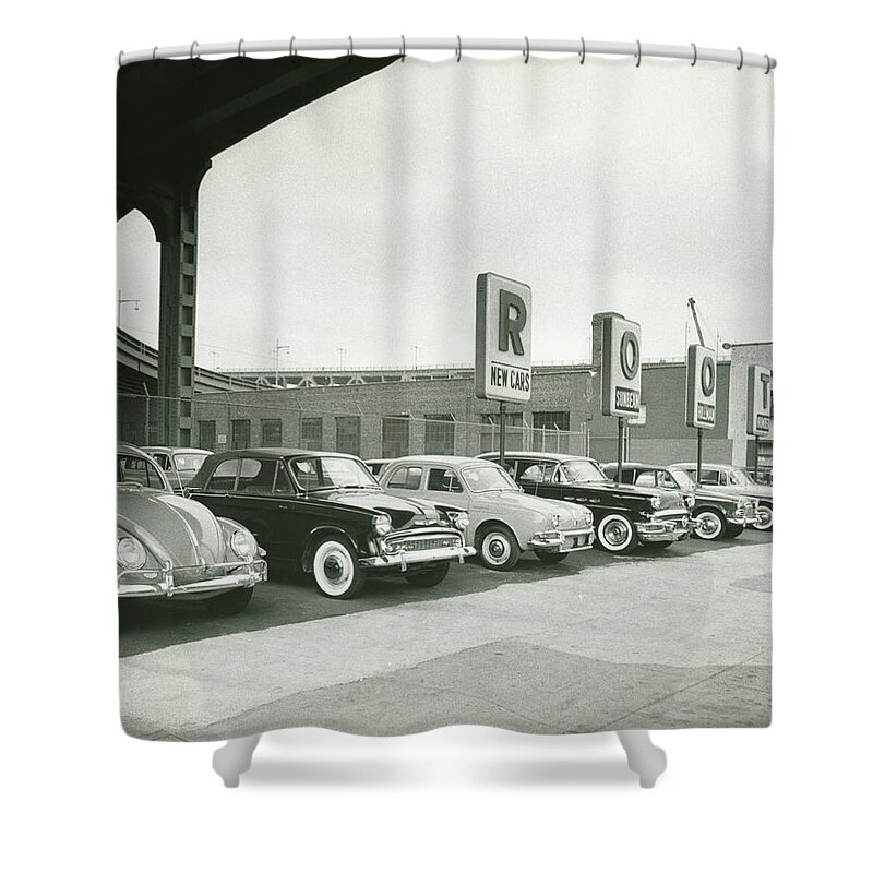 1930-1939 Shower Curtain featuring the photograph Car Dealership, B&w by George Marks