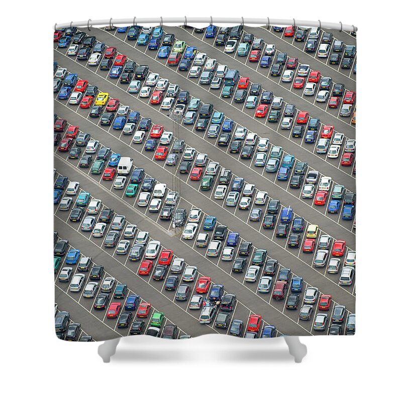 In A Row Shower Curtain featuring the photograph Car Park by Jason Hawkes