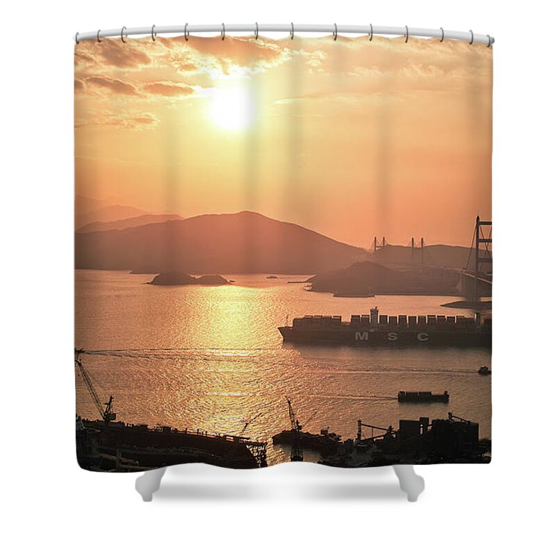 Container Ship Shower Curtain featuring the photograph Cargo Vessel Crossing The Bridge by Jimmy Ll Tsang