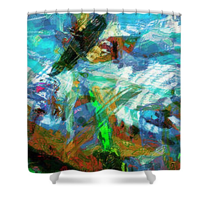 Abstract Shower Curtain featuring the mixed media Caribbean Light Coral Reef by Ginette Callaway