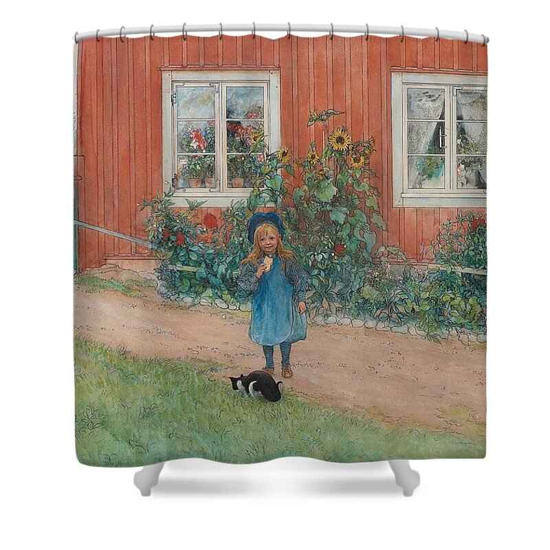 Man Shower Curtain featuring the painting Carl Larsson,  Brita, Cat And Sandwich by Celestial Images