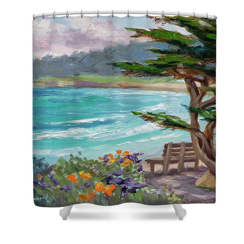 Carmel Beach Shower Curtain featuring the painting Carmel Beach View by Karin Leonard