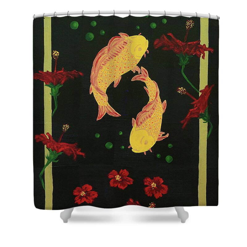 Carp Shower Curtain featuring the painting Carp and Hibiscus by Aicy Karbstein